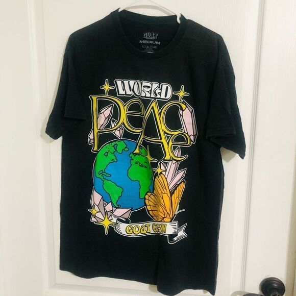 New Goat Crew World Peace Vintage Short Sleeve‎ T-Shirt Black Size Medium Women - Picture 1 of 4